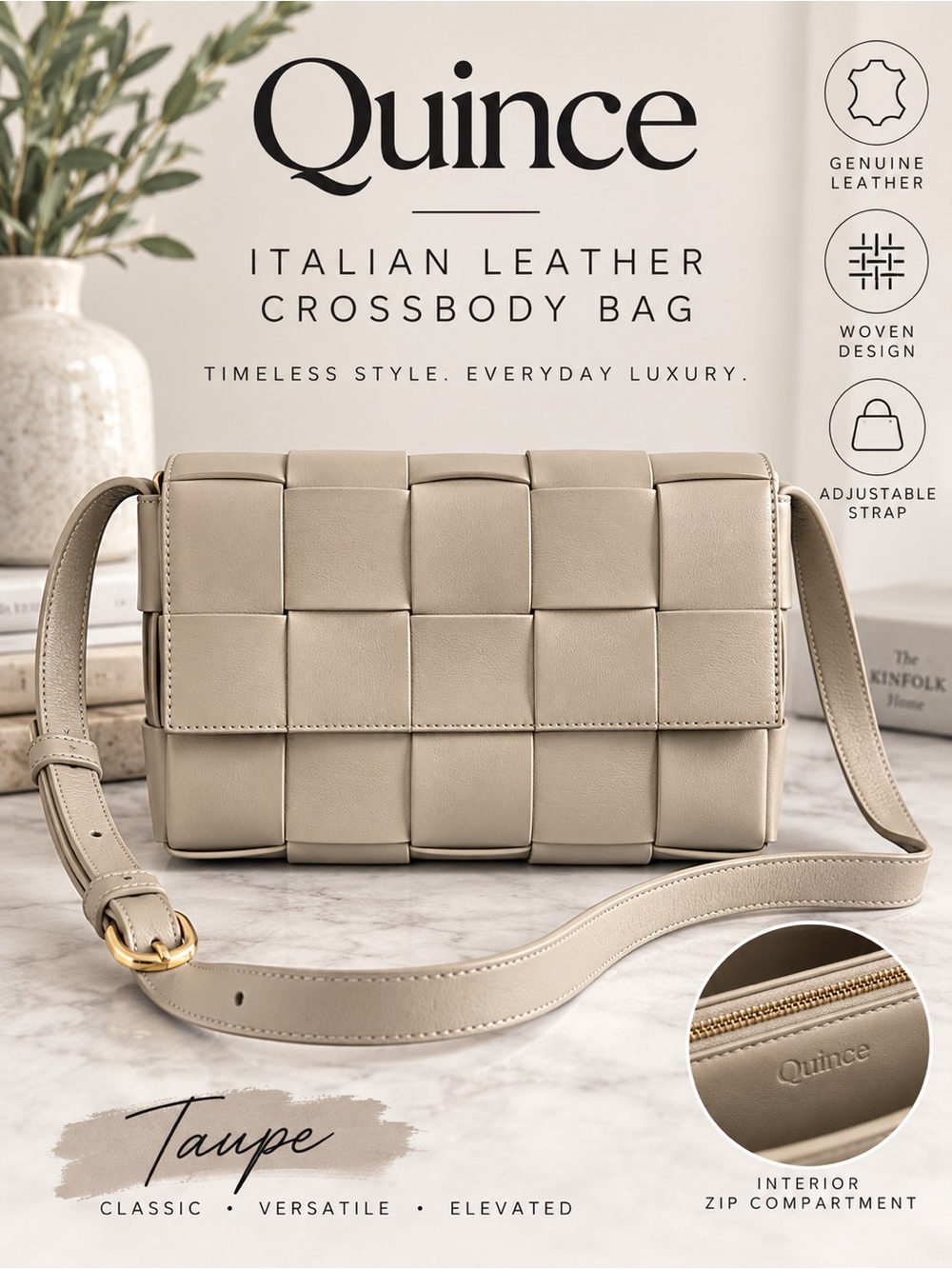 Quince Italian Leather Woven Crossbody Bag Taupe